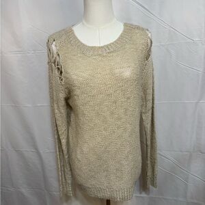 LA Hearts Cream Distressed Knit Sweater Small Open Shoulder Boho
